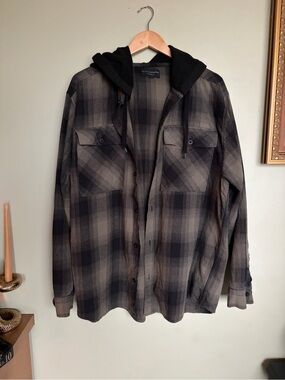 No Boundaries Black & Dark Green Plaid Button-Up Flannel Hoodie Men’s XL Grunge